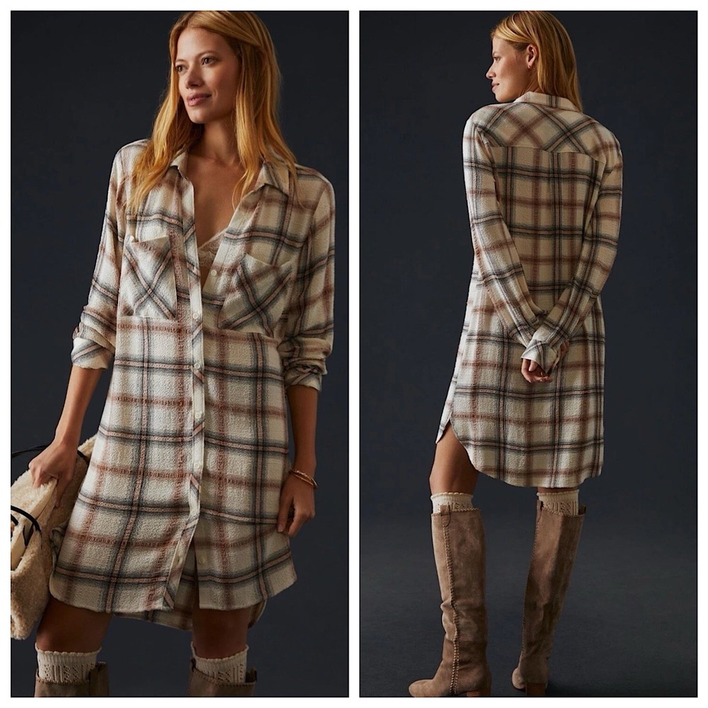 Cloth & Stone Plaid Tunic Shirt Dress Womens Sz L Multicolor Long Sleeve